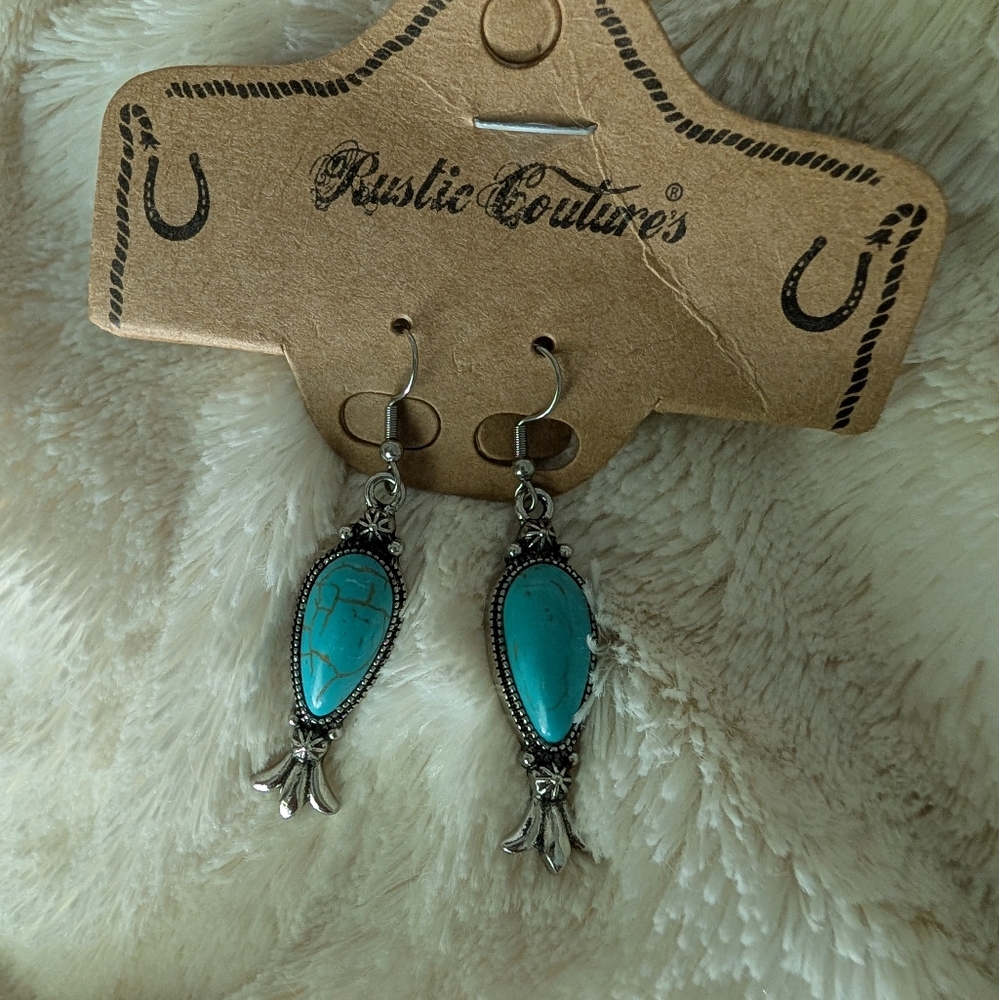 Rustic Couture Turquoise Teardrop Western Dangle Earrings Boho Cowgirl Style NWT